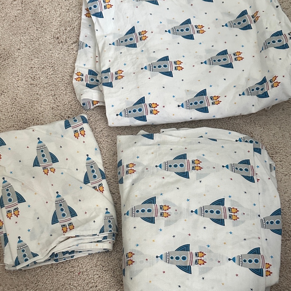 Indigo White Cotton Sheet Set with Blue Rockets and Orange Flames
